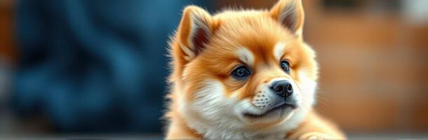 Cute puppy with fluffy fur rests peacefully indoors in warm lighting while gazing curiously around its environment photo