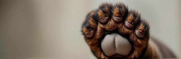 Large animal paw resting on a surface, showcasing intricate fur patterns and claws in a calm indoor setting photo