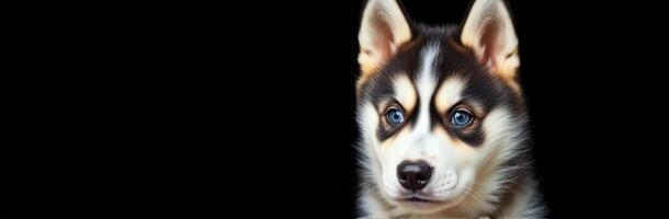 Cute husky puppy with striking blue eyes against a solid black background photo