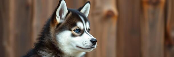 Husky puppy with striking features posed against a wooden background in bright natural light photo