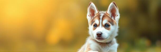 Cute husky puppy enjoys a sunny afternoon outdoors in a vibrant garden setting full of colorful foliage photo