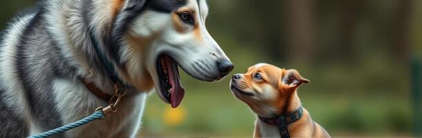 Interacción Entre un grande fornido y un pequeño perrito en un sereno parque ajuste durante un soleado tarde foto