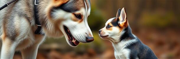 perro y perrito Interacción en un enselvado zona durante otoño exhibiendo amistad y curiosidad foto