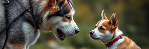 dos perros, uno grande y uno pequeño, interactuar en broma en un lozano verde parque durante un soleado tarde foto
