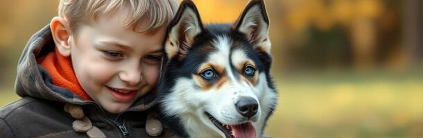 Boy joyfully interacts with a playful husky in a colorful autumn park setting, capturing a moment of friendship photo