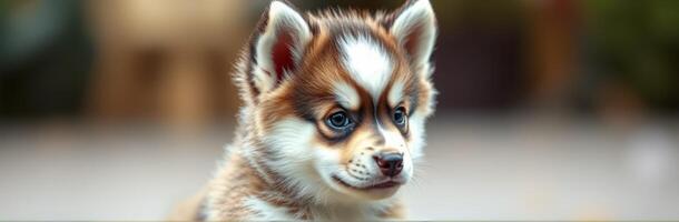 Playful puppy with striking blue eyes enjoying a sunny outdoor moment in a vibrant setting photo