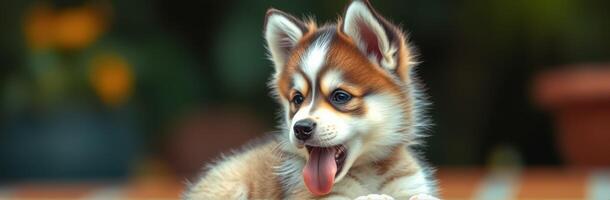 Adorable puppy playing in a garden on a sunny day, showcasing its fluffy fur and playful demeanor photo