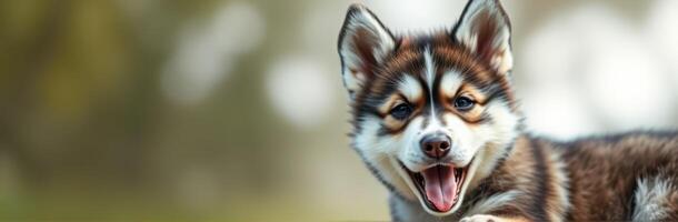Happy puppy resting outdoors with beautiful background during sunny day, showcasing playful expression and vibrant fur photo