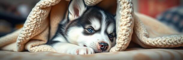 Sleepy husky puppy snuggled under a cozy blanket indoors during the afternoon photo