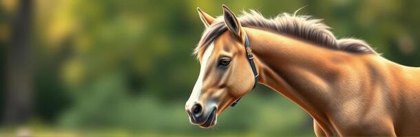 Elegant horse in a tranquil green environment showcasing its beauty and grace during a sunny afternoon photo