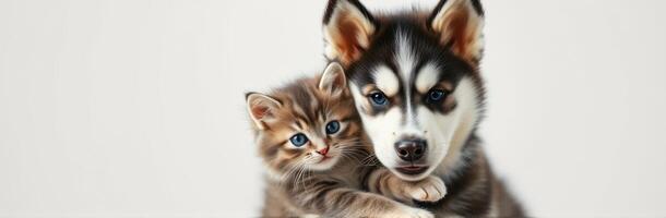 Cute puppy and kitten cuddling together in a bright room during the day photo