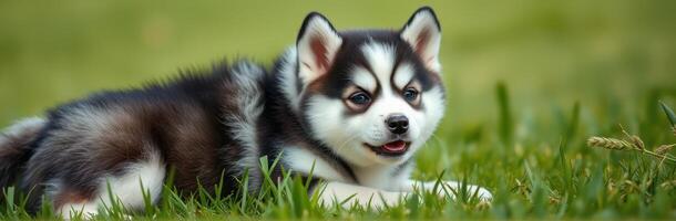 Playful husky puppy lounging in the grass on a sunny day at a park photo