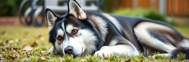 Relaxing husky enjoys a sunny afternoon in a vibrant garden photo