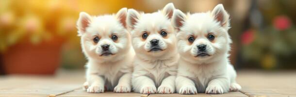 Three adorable white puppies sitting together on a wooden deck in a sunny garden setting photo
