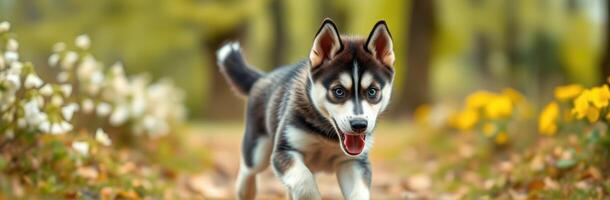 Siberian husky puppy runs energetically through a colorful garden in early spring photo