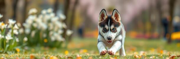 Playful husky puppy runs joyfully through a blooming park filled with colorful flowers in springtime photo