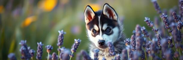 Husky puppy exploring a lavender field in springtime sunlight photo