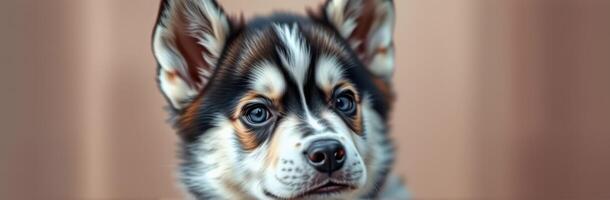 Cute corgi puppy with striking blue eyes looking curiously at the camera in a warm, cozy indoor setting photo