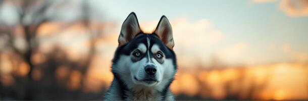 Husky dog gazing at sunset in a serene outdoor setting during late afternoon photo