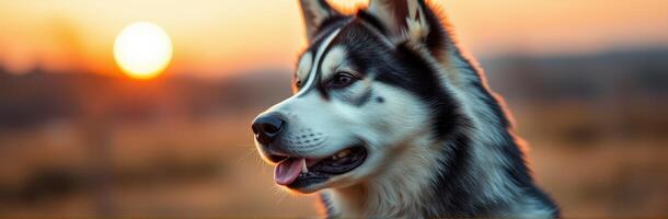 Majestic husky dog gazing at sunset on a serene evening in an open field photo