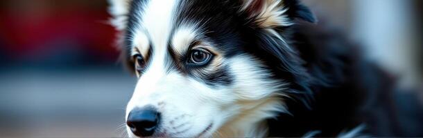 Cute husky puppy relaxing indoors with soft lighting and a serene expression photo