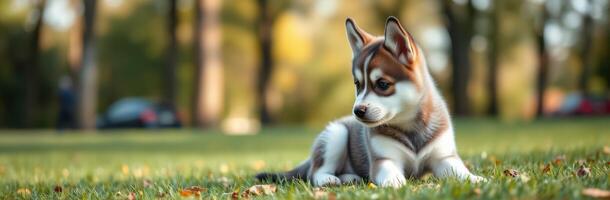 Playful puppy enjoys sunny afternoon in park with colorful autumn leaves scattered around photo