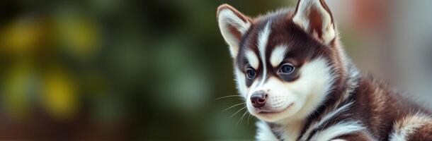 Cute husky puppy with striking fur pattern relaxing outdoors in a garden setting during a sunny afternoon photo