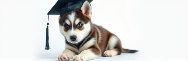 Cute puppy wearing graduation cap celebrates its academic achievement in a bright setting photo