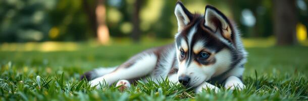 Playful young husky rests on green grass under soft sunlight in a serene park setting during the afternoon photo