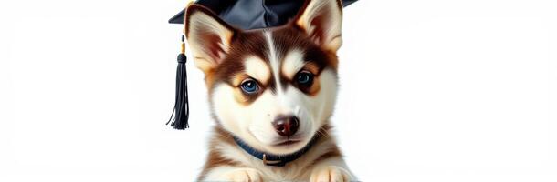 Cute puppy with graduation cap looking proud in a joyful celebration of achievement photo