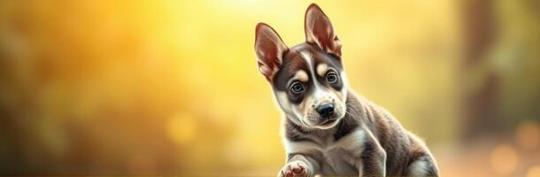 Cute puppy sitting outdoors in a sunlit forest with soft golden light filtering through the trees photo