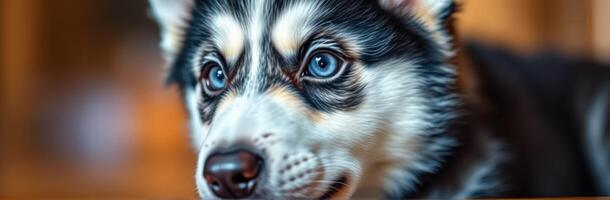 Siberian husky with striking blue eyes explores a cozy indoor environment during daylight photo
