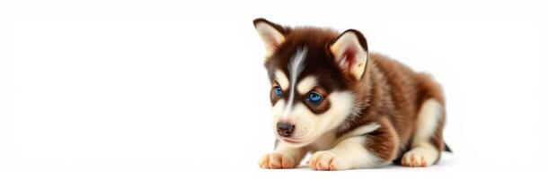 Cute brown and white husky puppy with blue eyes resting on a white surface photo