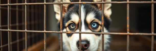 Stray puppy looking for a home from behind bars in an animal shelter photo