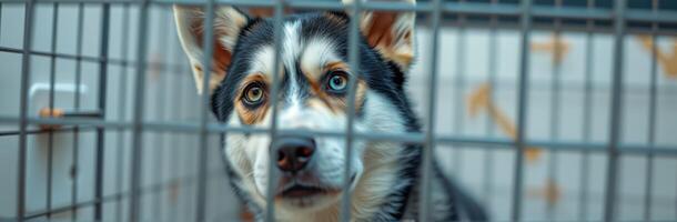 Dog looking through a kennel with hopeful eyes while being sheltered in a rescue facility photo