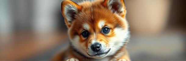 Cute corgi puppy with expressive eyes and fluffy fur in a cozy indoor setting during golden hour photo