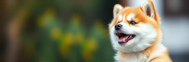 Adorable shiba inu enjoying a sunny day outdoors with a vibrant background photo