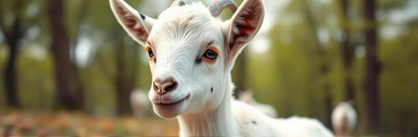 Cute young goat stands in a green field surrounded by trees on a sunny day, showcasing curious expression and playful demeanor photo