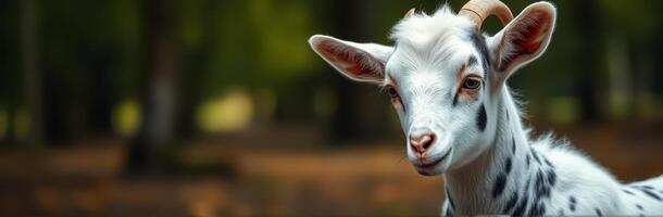 Young spotted goat standing in a lush green forest showcasing its playful nature under soft sunlight photo
