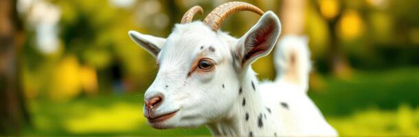 Playful young goat exploring a sunny garden filled with greenery and bright light in the afternoon photo