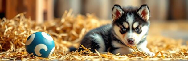 Cute husky puppy playing with a blue ball on straw in a cozy indoor setting during daylight photo