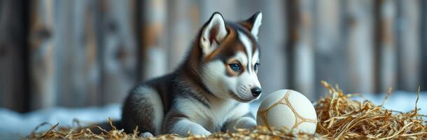 Cute husky puppy playing with a ball on straw in a cozy indoor setting during winter months photo