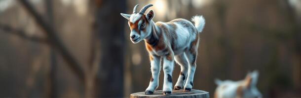 Young goat standing on a wooden post in a serene forest setting during the late afternoon photo