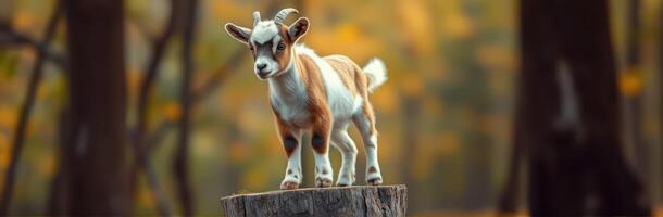 Goat standing confidently on a wooden stump in a forest during autumn foliage photo