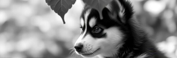 Husky puppy enjoys a peaceful moment under leafy branches in a sunny outdoor setting photo