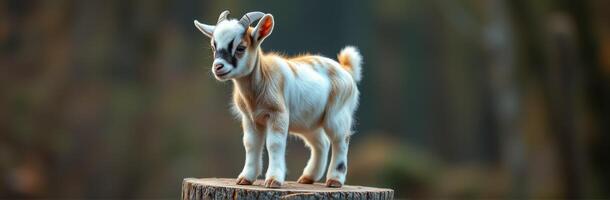 Goat kid standing on a log in a forest during daytime with soft light filtering through the trees photo