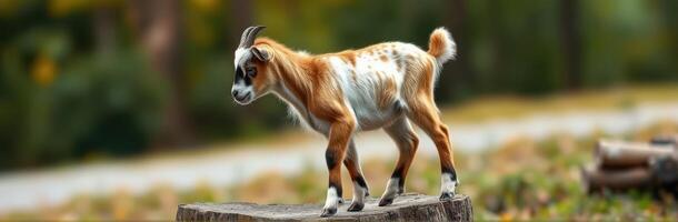 Young goat explores a wooden log in a sunny forest during autumn photo