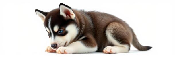 Cute husky puppy resting on a white surface with blue eyes and unique brown and white fur photo