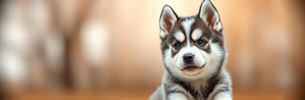 Cute husky puppy with blue eyes relaxing indoors during the afternoon light photo