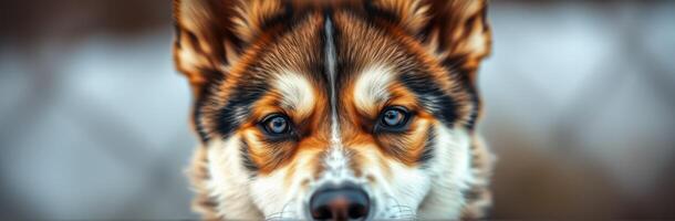 Close-up view of a charming dog with striking eyes in a snowy outdoor environment during winter photo